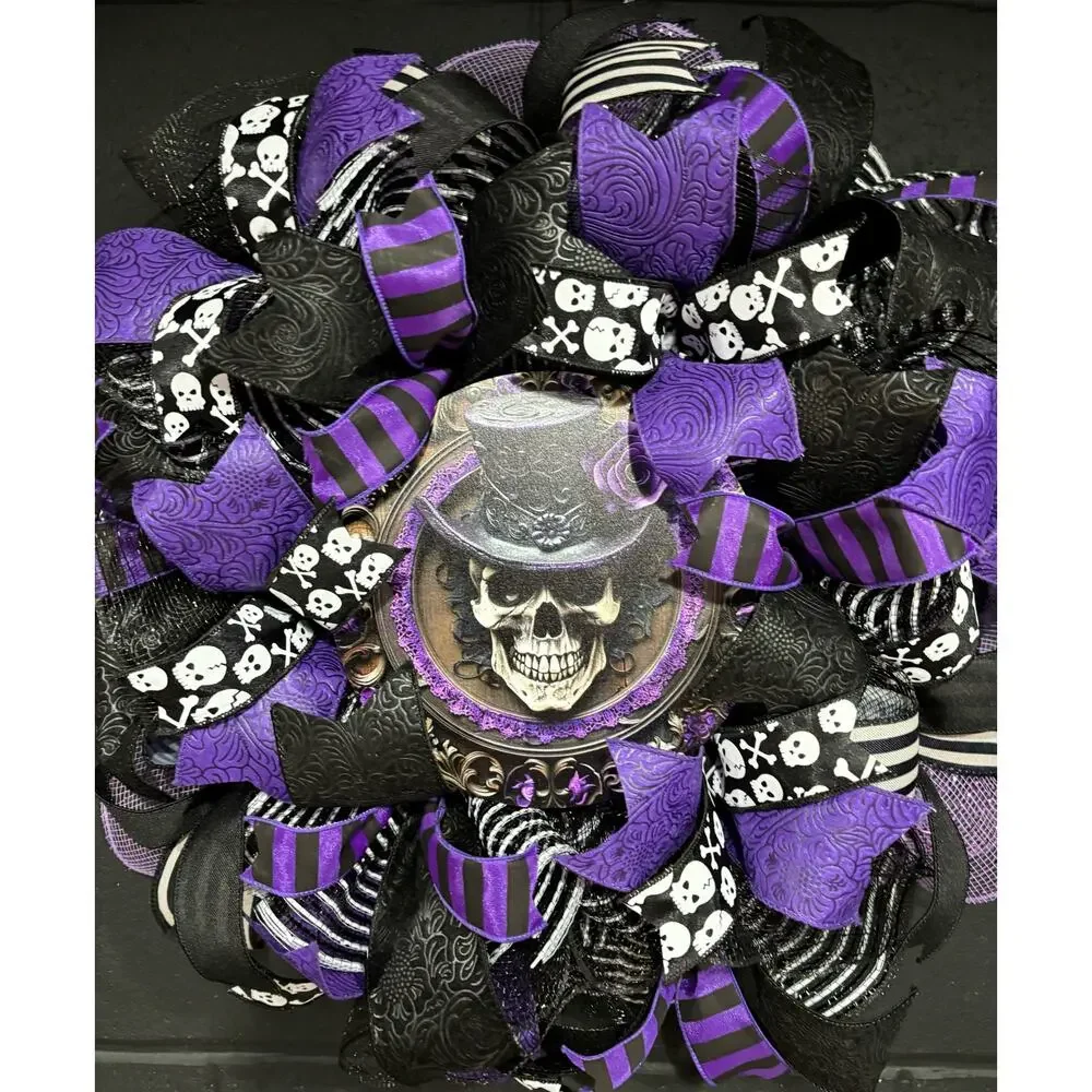Halloween Wreath Gothic Purple Skull Handmade Deco Mesh 20 Inch